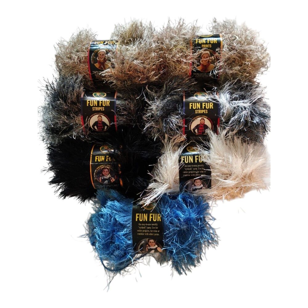 Lion Brand Fun Fur Yarn Lot of 7 Assorted yarn Stripes and Prints